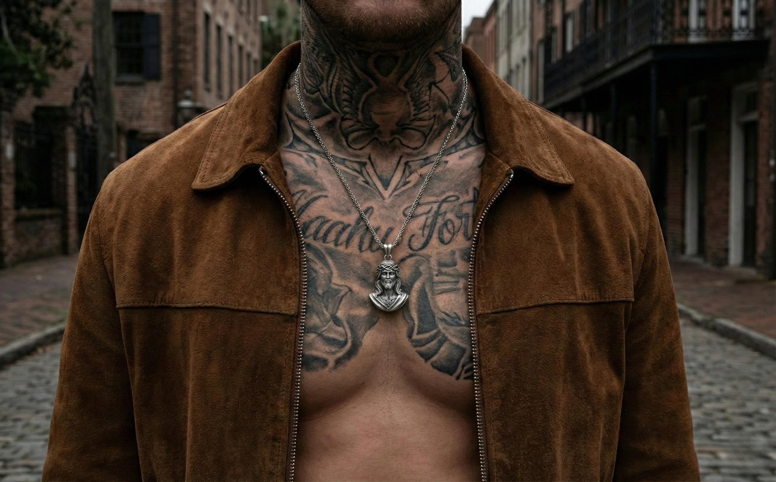 Antik Gümüş İsa Büstü Kolye Hristiyan Dini Madalyon Takı