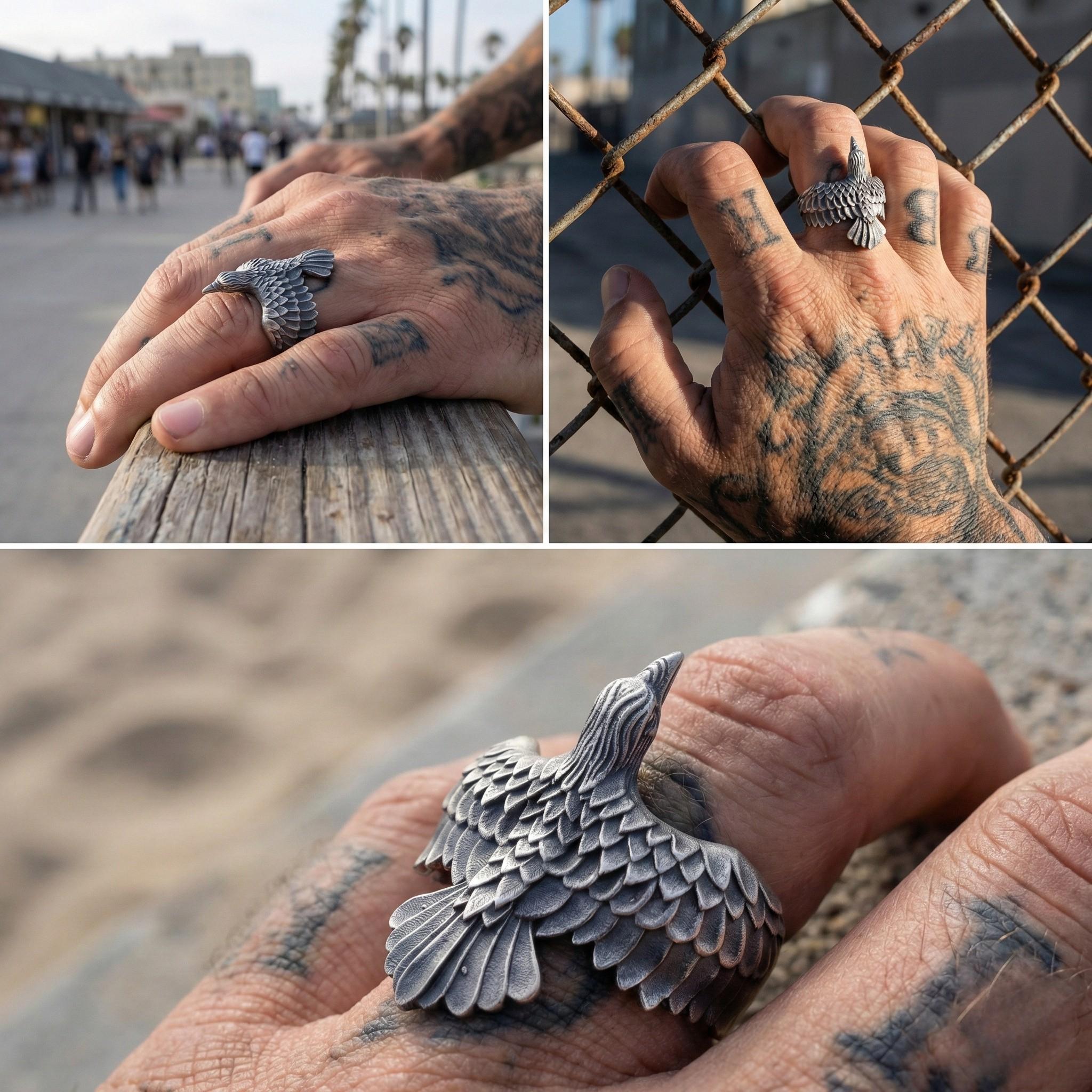 The image is a collage of three photos showing a person's hand with tattoos and a unique ring featuring a bird design.