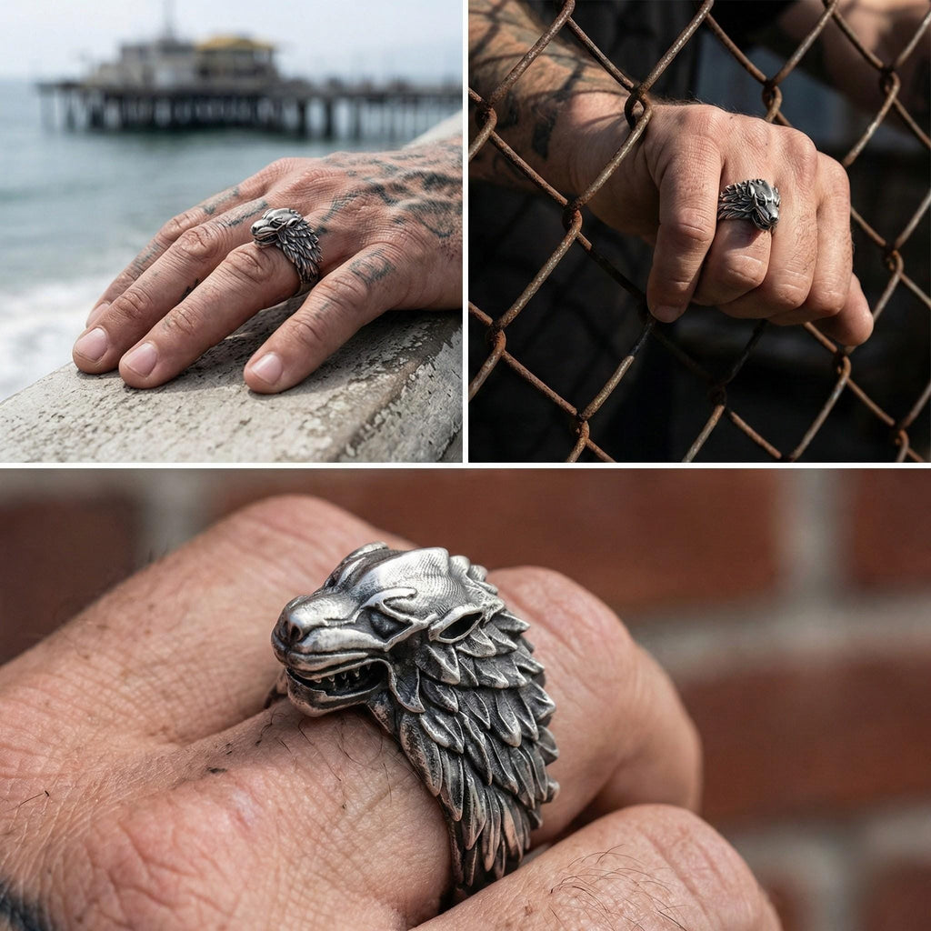 The image is a collage of three photos showing a person's hand wearing a silver ring with a wolf head design, a close-up of the ring on the person's finger, and a close-up of the person's hand holding the ring.