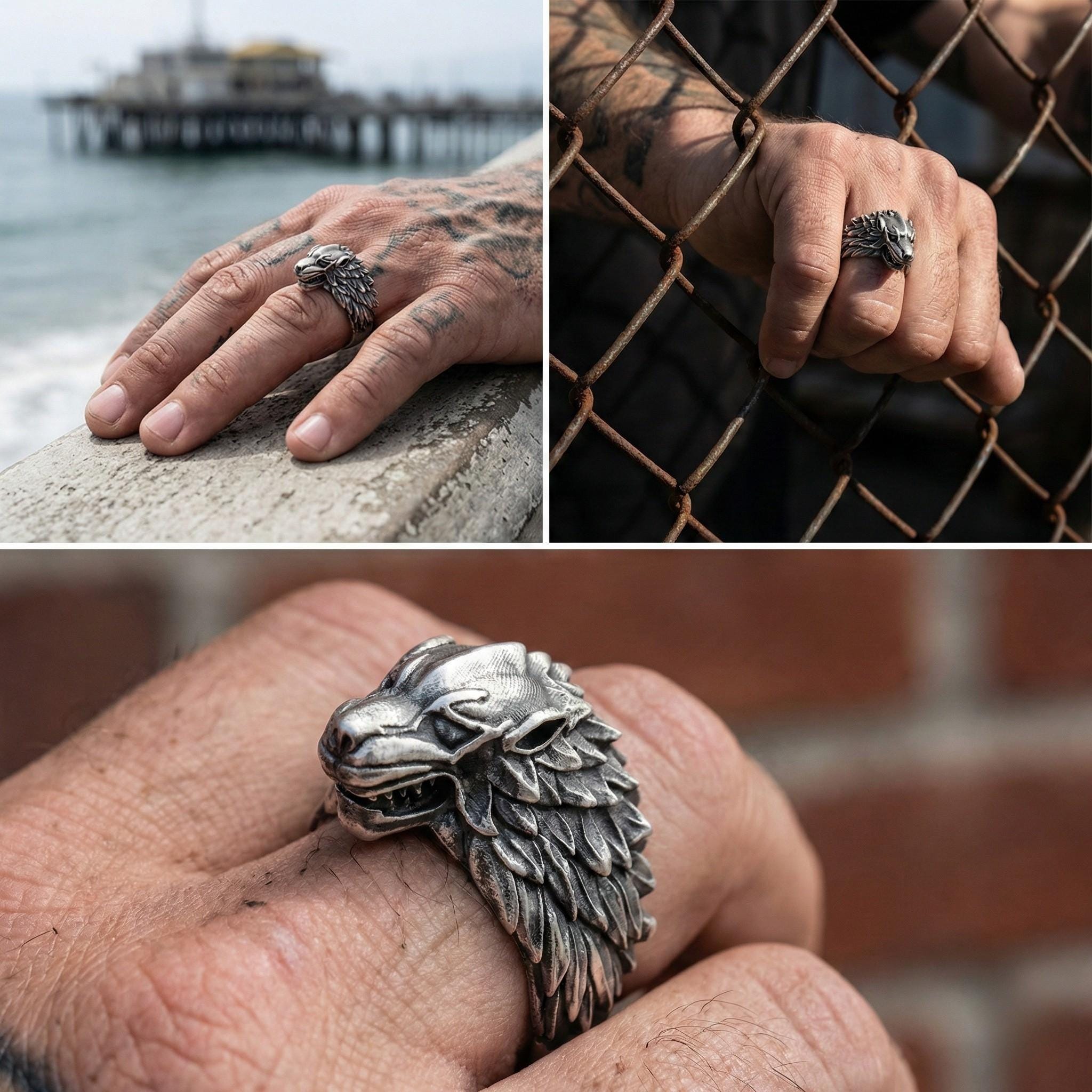 The image is a collage of three photos showing a person's hand wearing a silver ring with a wolf head design, a close-up of the ring on the person's finger, and a close-up of the person's hand holding the ring.