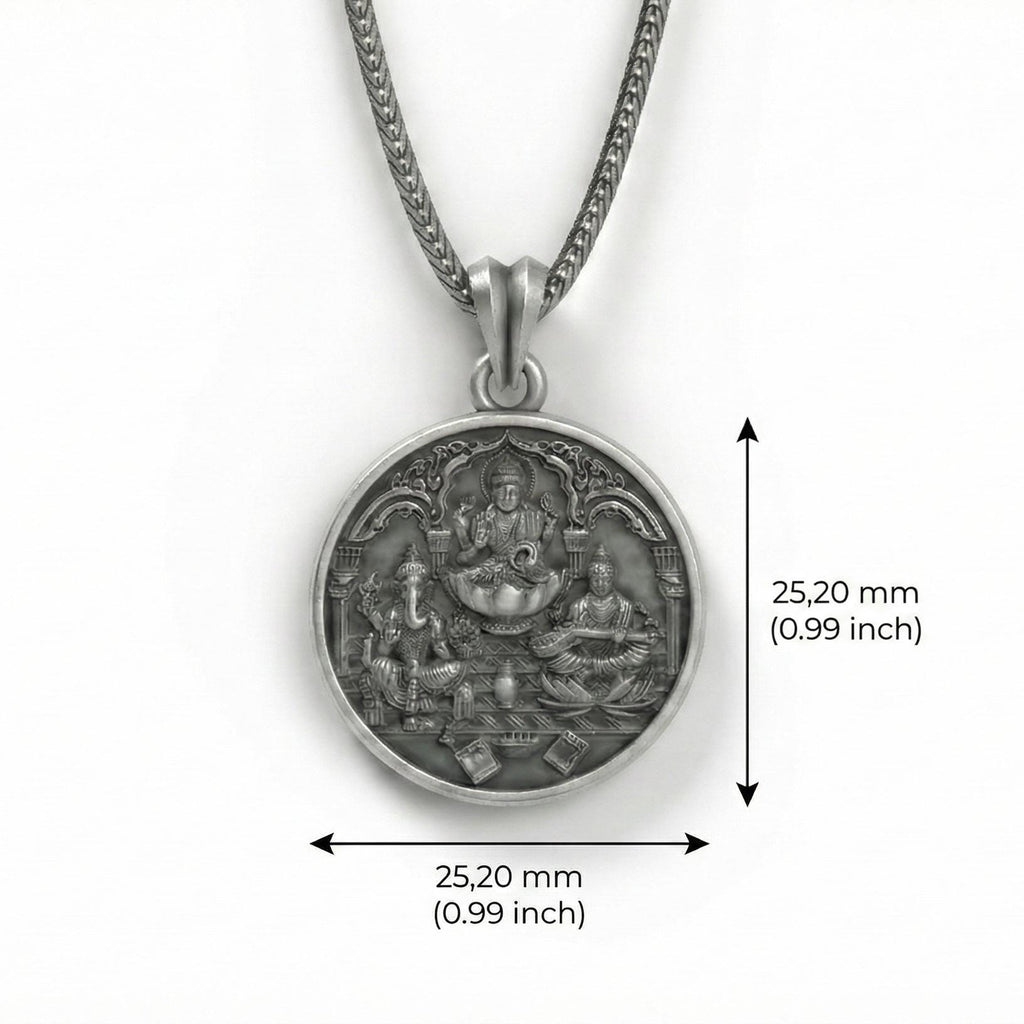 Lakshmi Ganesh Saraswati Kolyesi Oksitlenmiş Gümüş Hindu Takısı