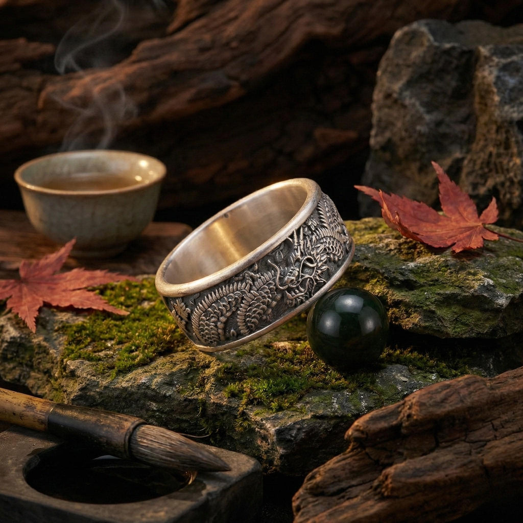 a silver ring with a dragon design, a small green ball, a cup of tea, and some red leaves on a mossy rock.
