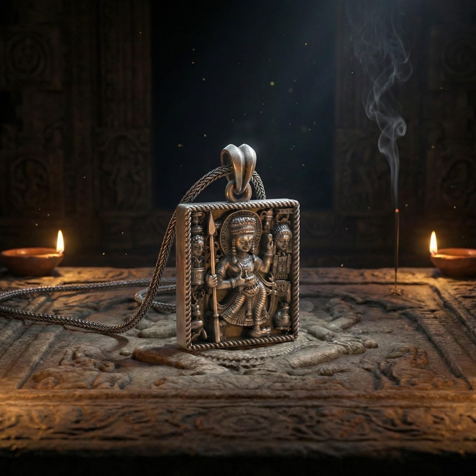 Durga Tanrıçası Kolye Ucu, Oksitlenmiş Gümüş Hindu Takısı