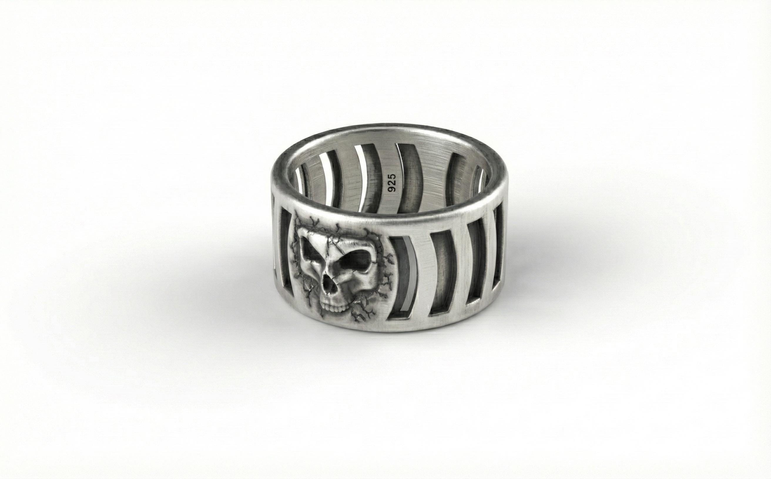 925 Ayar Gümüş Kafatası Yüzüğü – Erkekler için Oksitlenmiş Gotik Kafes Tarzı Yüzük