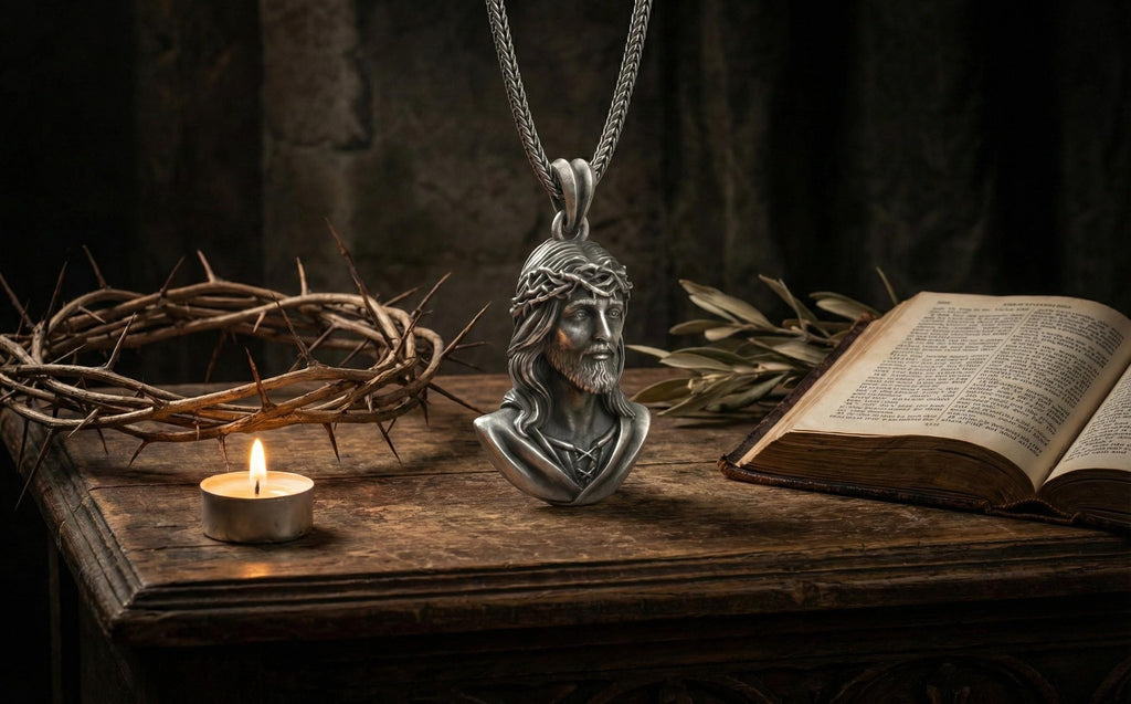 Antik Gümüş İsa Büstü Kolye Hristiyan Dini Madalyon Takı