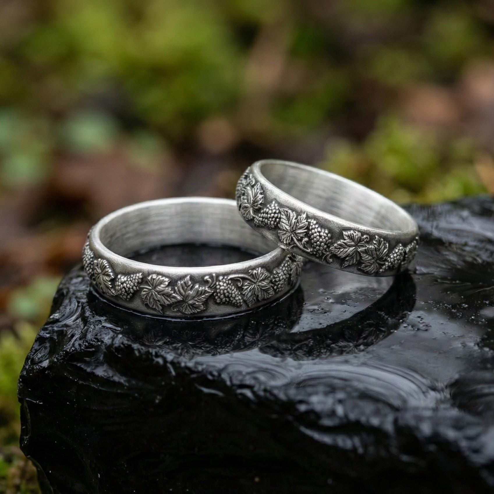 Gümüş Asma Yaprağı Yüzükler – Unisex Üzüm Yaprağı Motifli Alyanslar