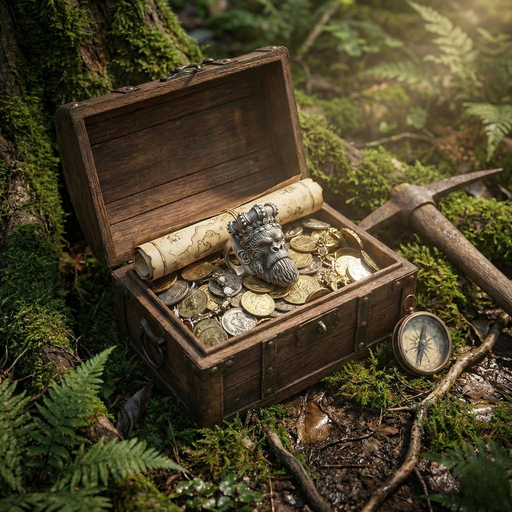 An open wooden chest filled with coins and a map rests on the forest floor, surrounded by lush greenery.