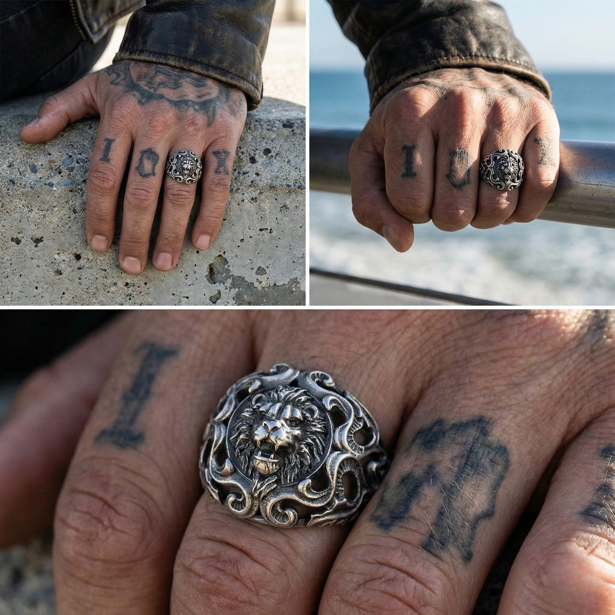 A collage of three images showing a person's hand with tattoos and a large ornate ring on the finger.