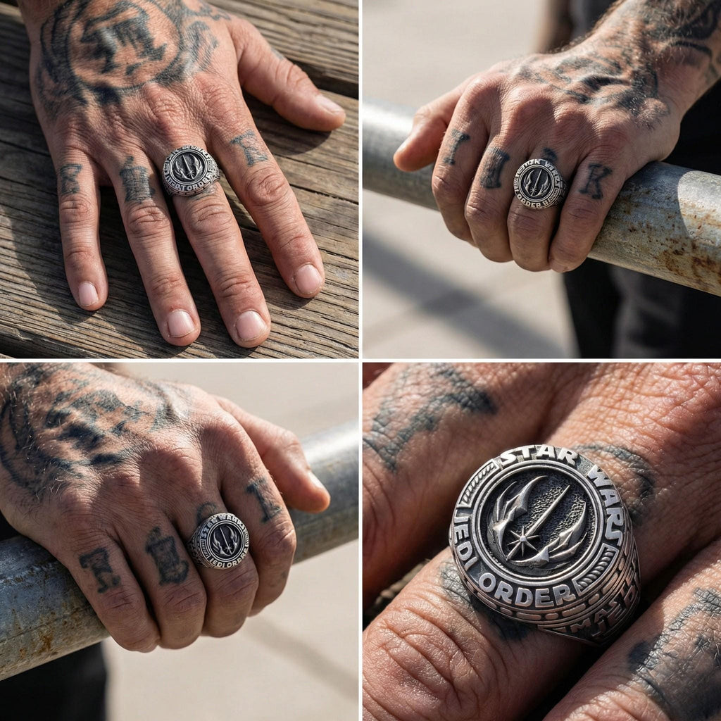 The image is a collage of four photos showing a person's hands wearing various rings, including a Star Wars-themed ring.