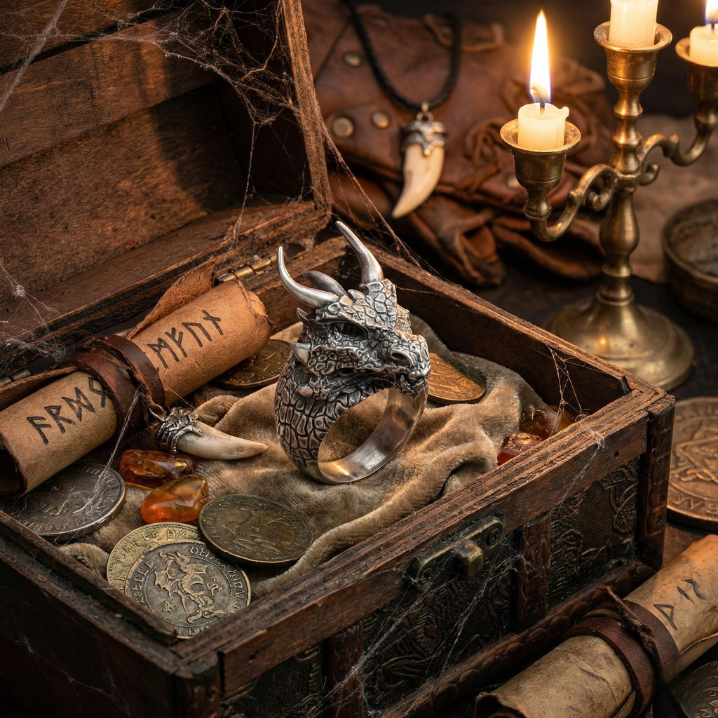 a wooden chest filled with various items, including a dragon head ring, coins, and a candle, all arranged in a visually appealing manner.