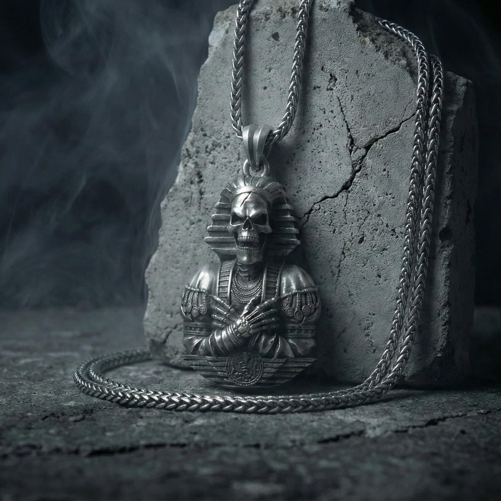 Mısır Kafatası Firavun Gümüş  Kolye