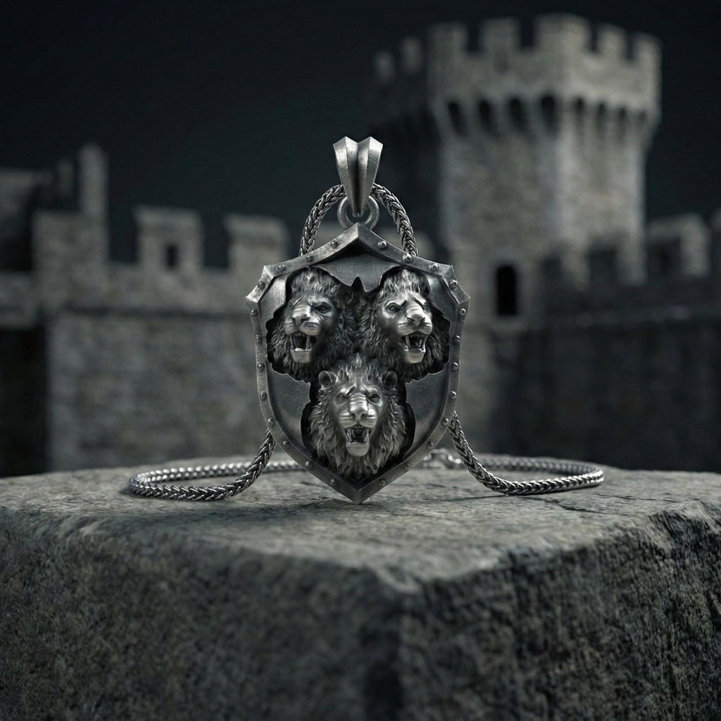 Üç Aslan Kalkan Kolye Ucu Oksitlenmiş Gümüş Takı