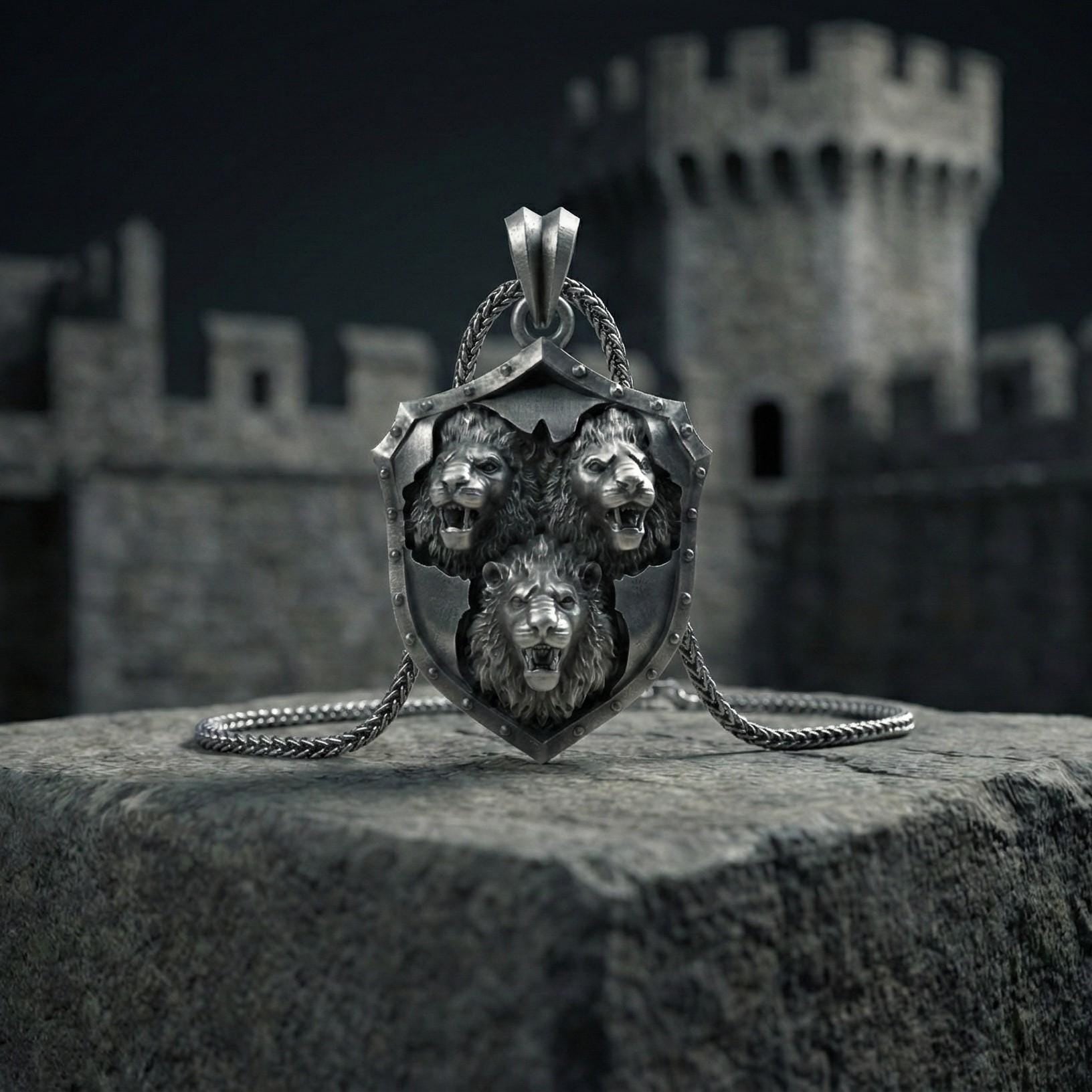 Üç Aslan Kalkan Kolye Ucu Oksitlenmiş Gümüş Takı