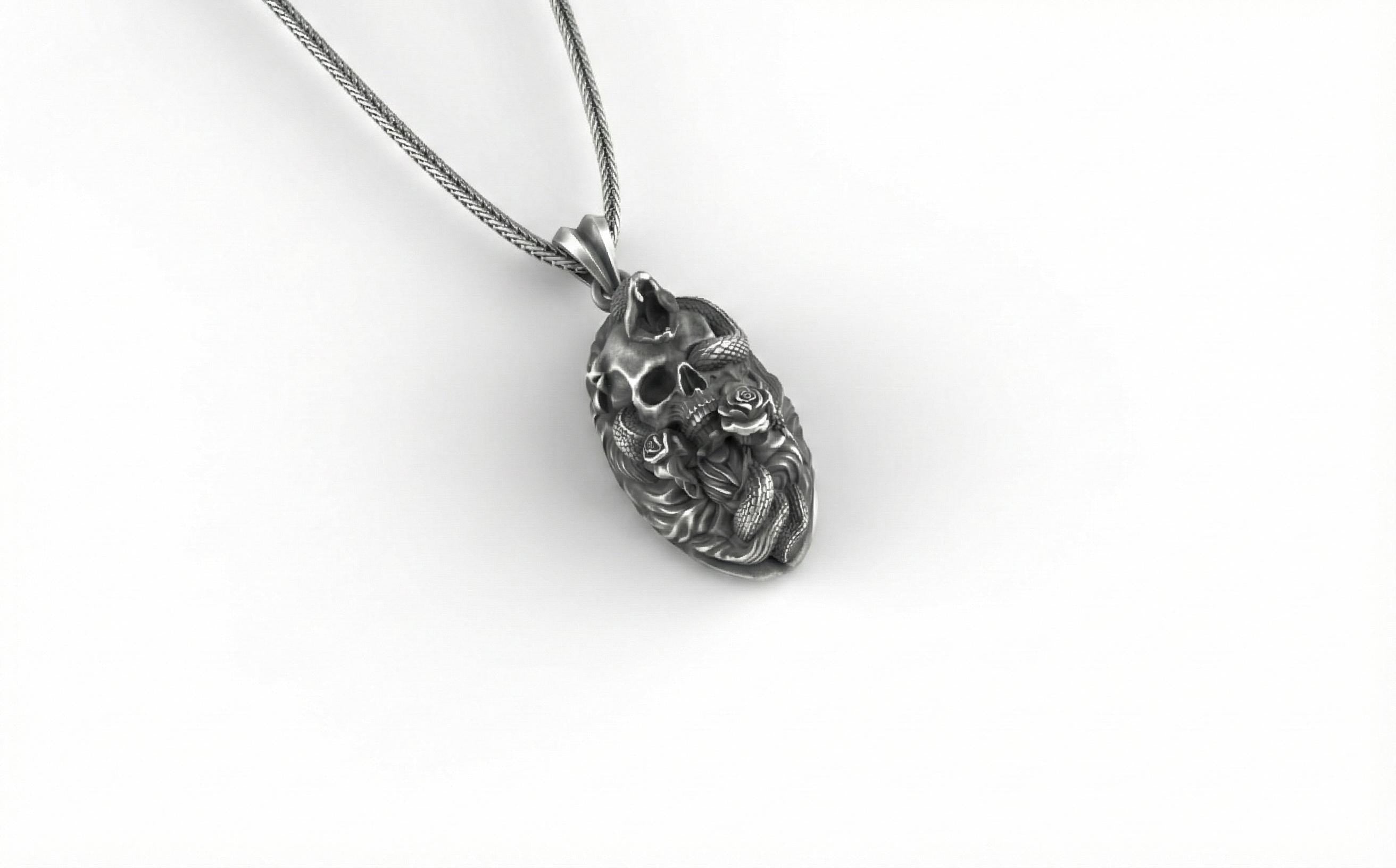 Gümüş Yılan Ve Kafatası Kolye Gotik Tak