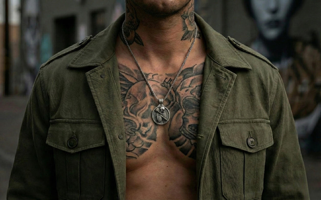 Gümüş Sarılan İskelet Çift Kolye Gotik Takı