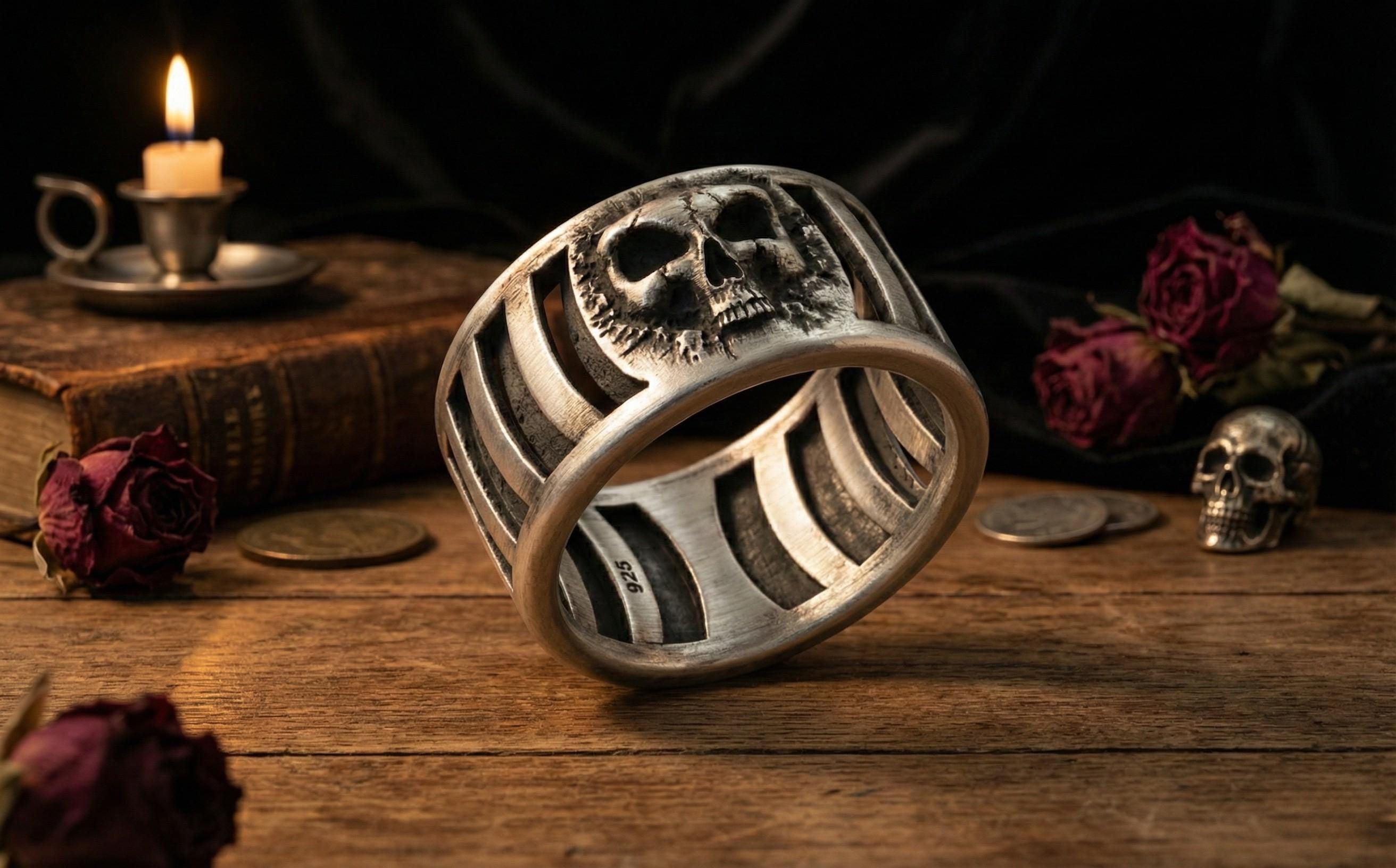 925 Ayar Gümüş Kafatası Yüzüğü – Erkekler için Oksitlenmiş Gotik Kafes Tarzı Yüzük