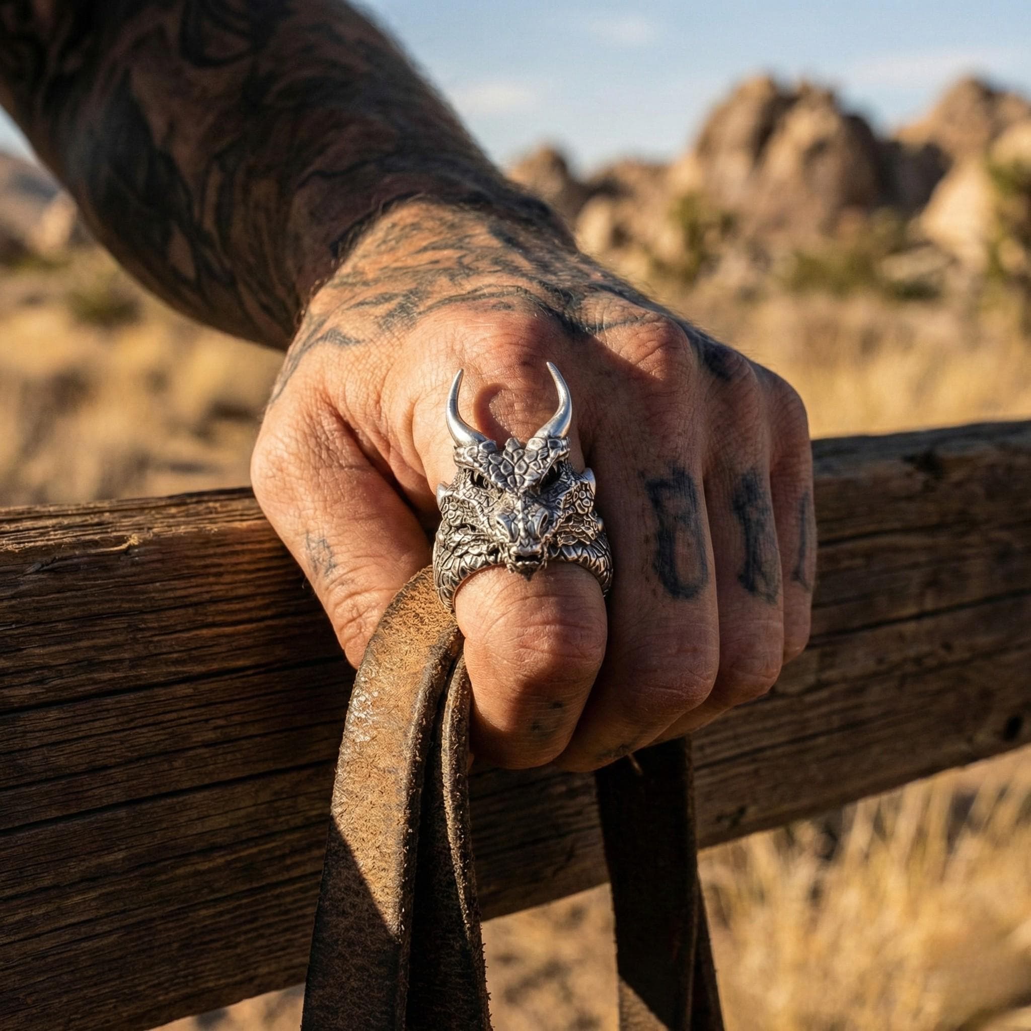 A tattooed hand wearing a silver ring with a dragon design is holding a leather strap, with a desert landscape in the background.