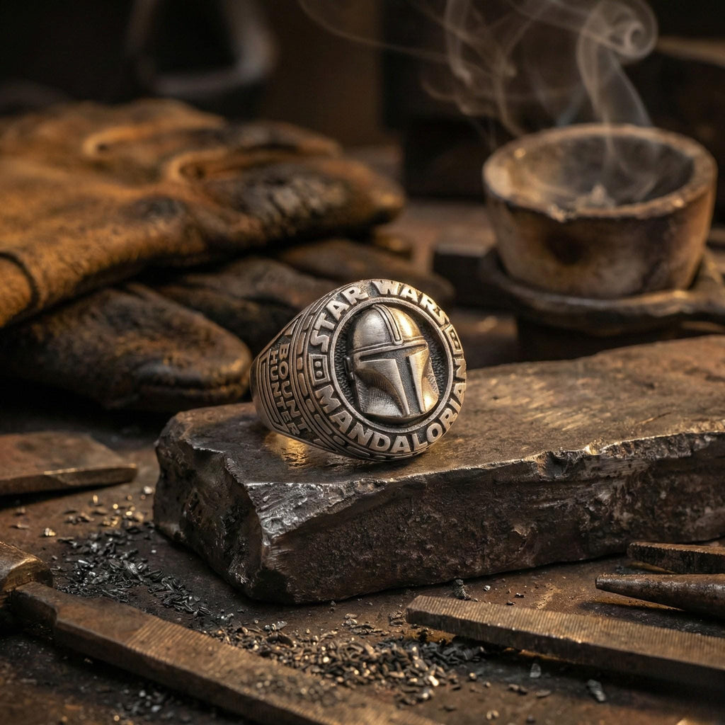 A silver ring with a Star Wars Mandalorian helmet design sits on a wooden surface, surrounded by various tools and equipment.
