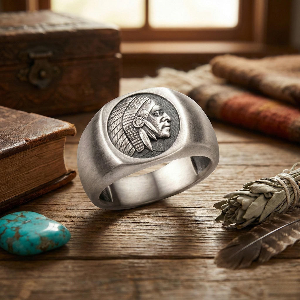 a silver ring with a Native American head design, surrounded by various objects such as a book, a feather, and a turquoise stone.