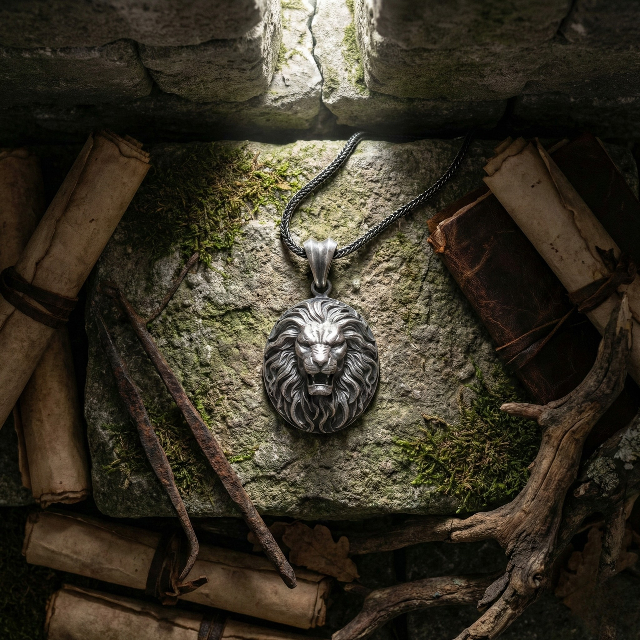 Aslan Kolye: Oksitli Gümüş - El Yapımı Erkek Takısı