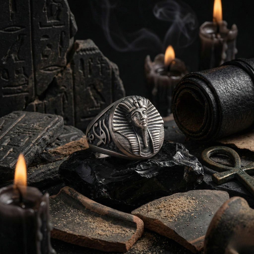 a ring with a pharaoh's head design, surrounded by various ancient artifacts and symbols, including candles and hieroglyphics, all set against a dark background.