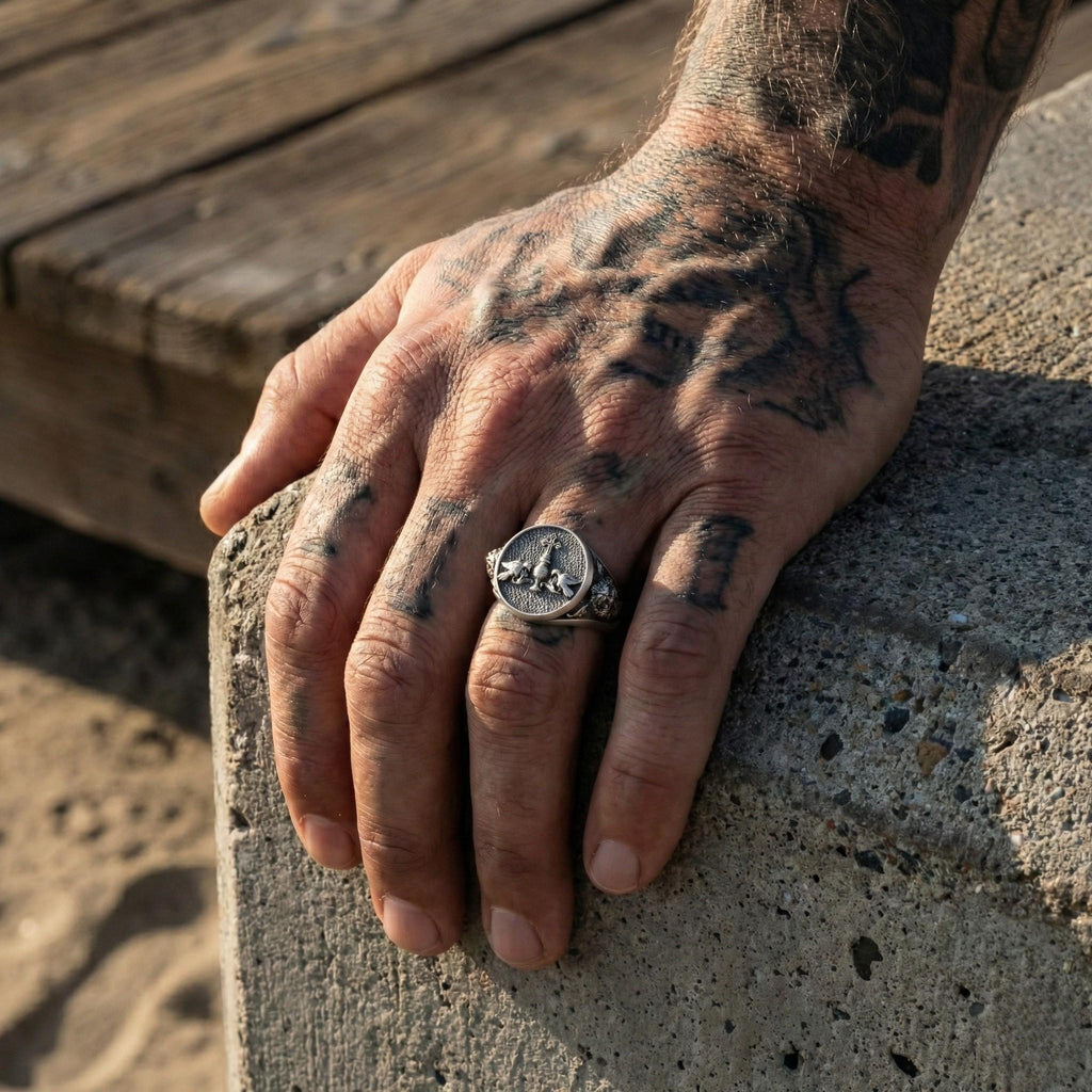 A close-up image of a person's hand with tattoos on the fingers and a silver ring on the ring finger.