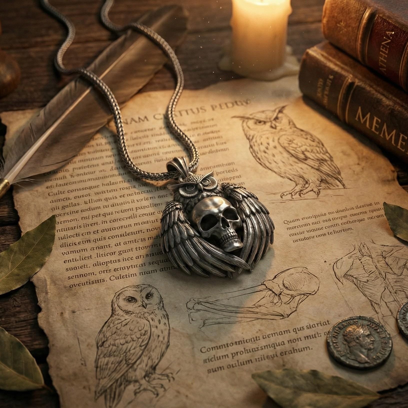 Baykuş Kafatası Kolye Ucu, Oksitlenmiş Gümüş, Gotik Bilgelik Temalı Takı