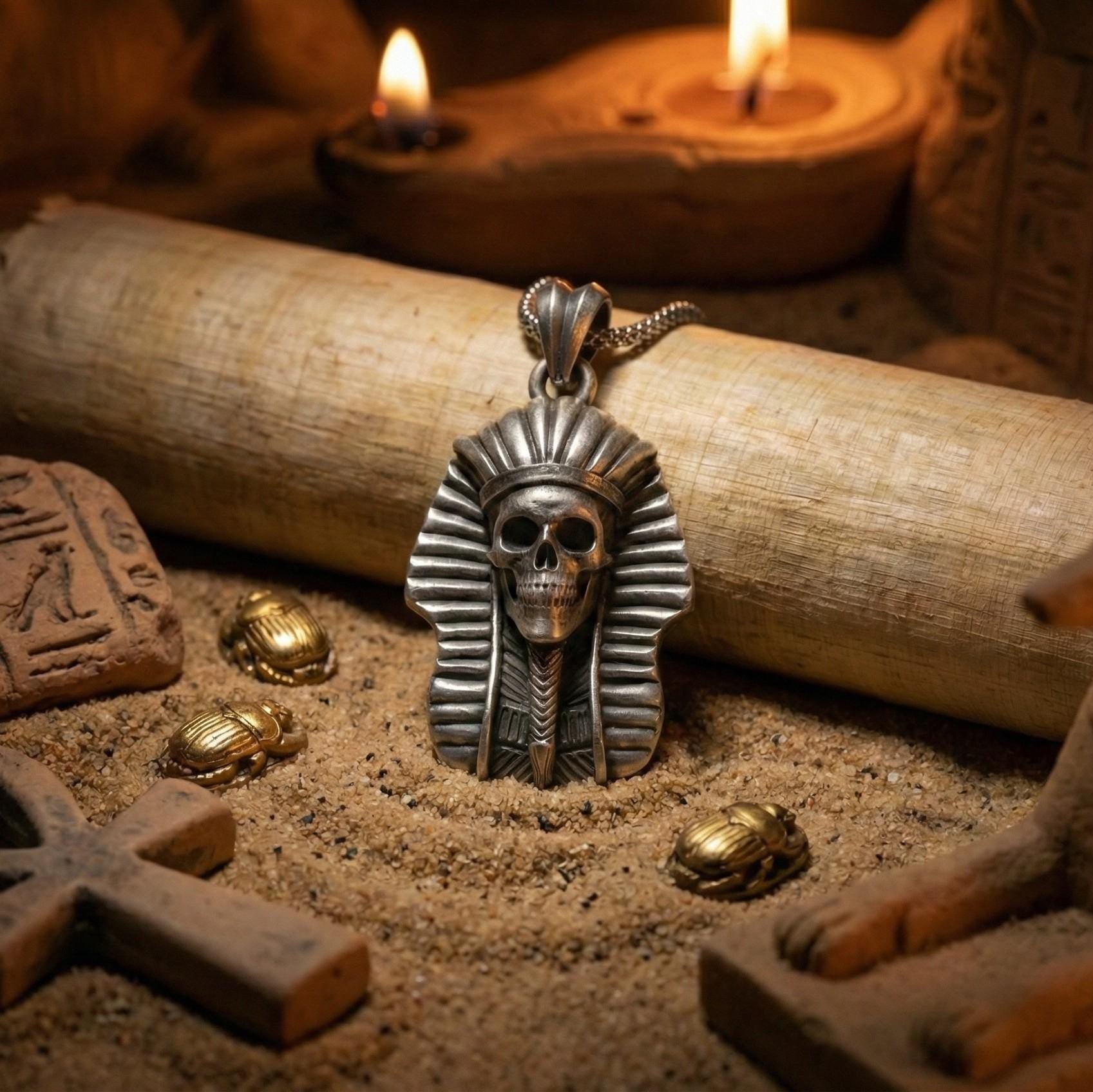 Mısır Firavunu Kafatası Kolye Ucu Oksitlenmiş Gümüş Mısır Mitolojisi Temalı Takı