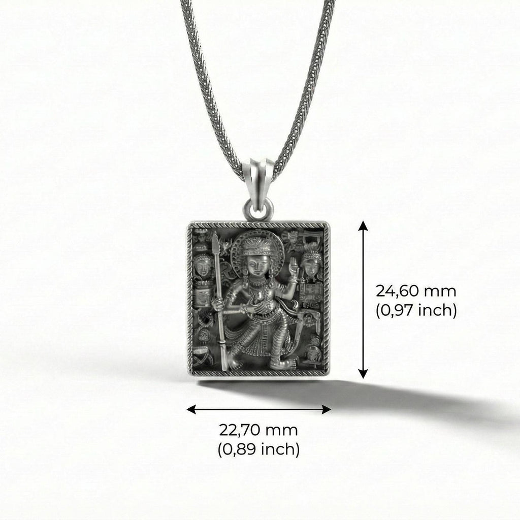 Durga Tanrıçası Kolye Ucu, Oksitlenmiş Gümüş Hindu Takısı