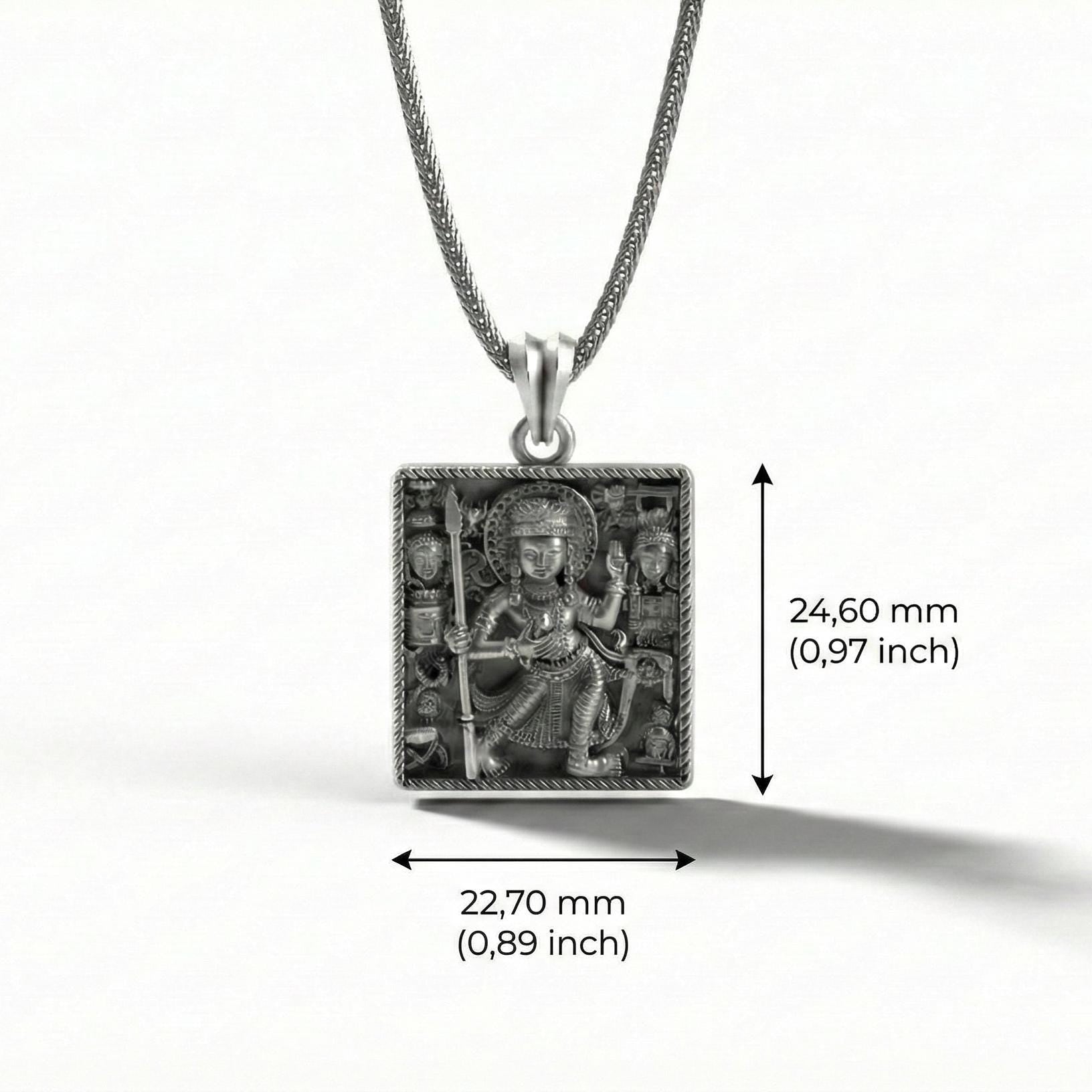 Durga Tanrıçası Kolye Ucu, Oksitlenmiş Gümüş Hindu Takısı