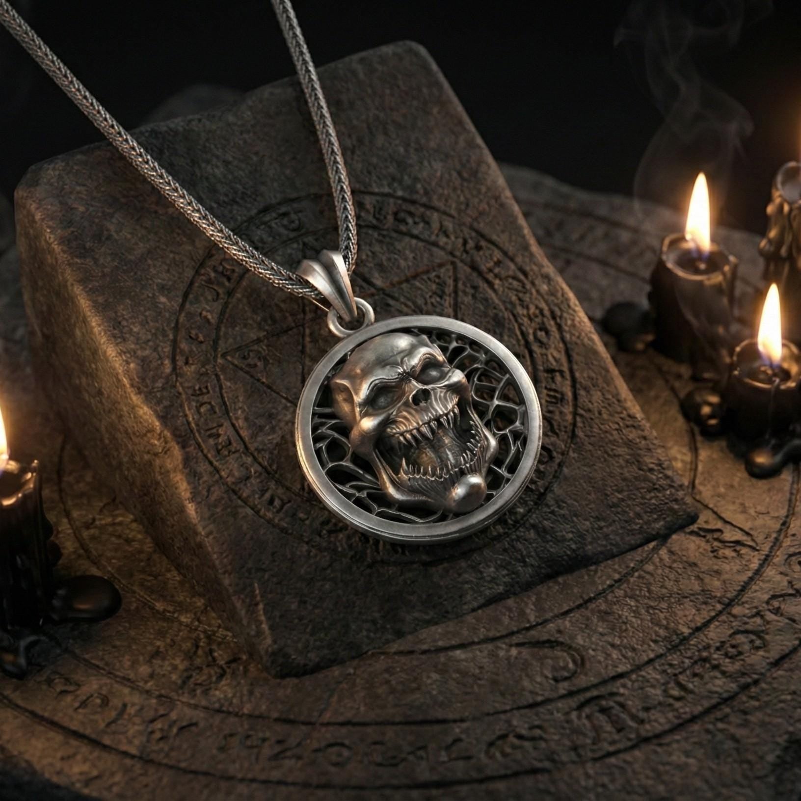Canavar Kafası Kolye Oksitlenmiş Gümüş Korku Temalı Takı