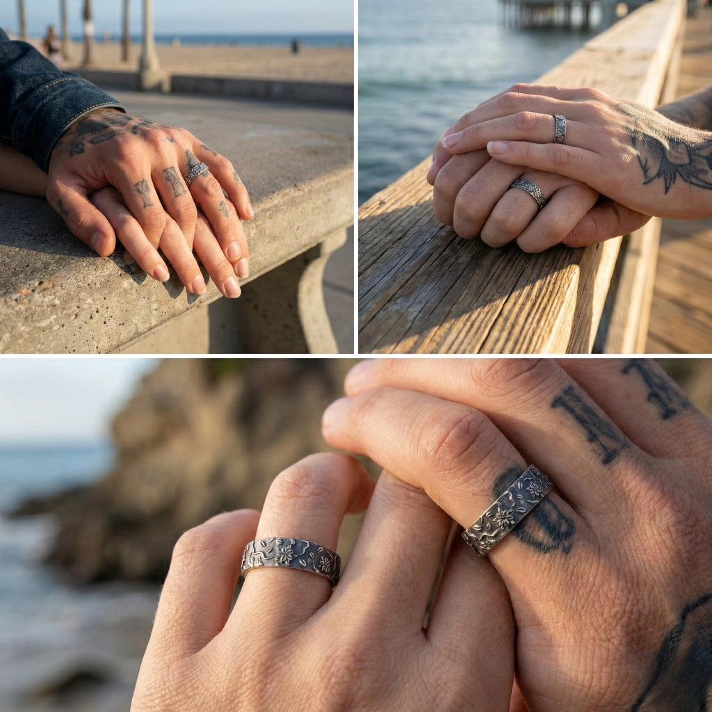 A collage of three images showing a person's hands wearing wedding rings, with the ocean and a pier in the background.