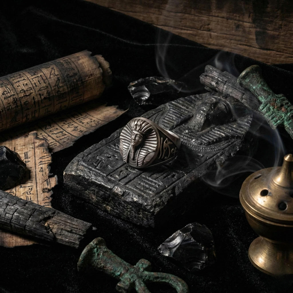 a collection of ancient artifacts and symbols, including a ring with a pharaoh's head, a scroll, and a casket, all set against a dark background.