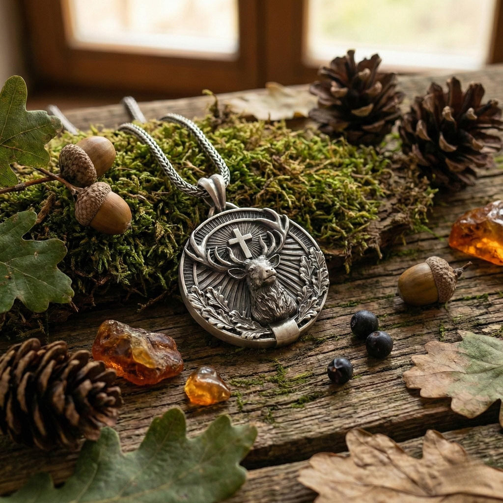 Aziz Hubertus Geyik Kolye Ucu Oksitlenmiş Gümüş Hristiyan Avcılık Sembolü Takı