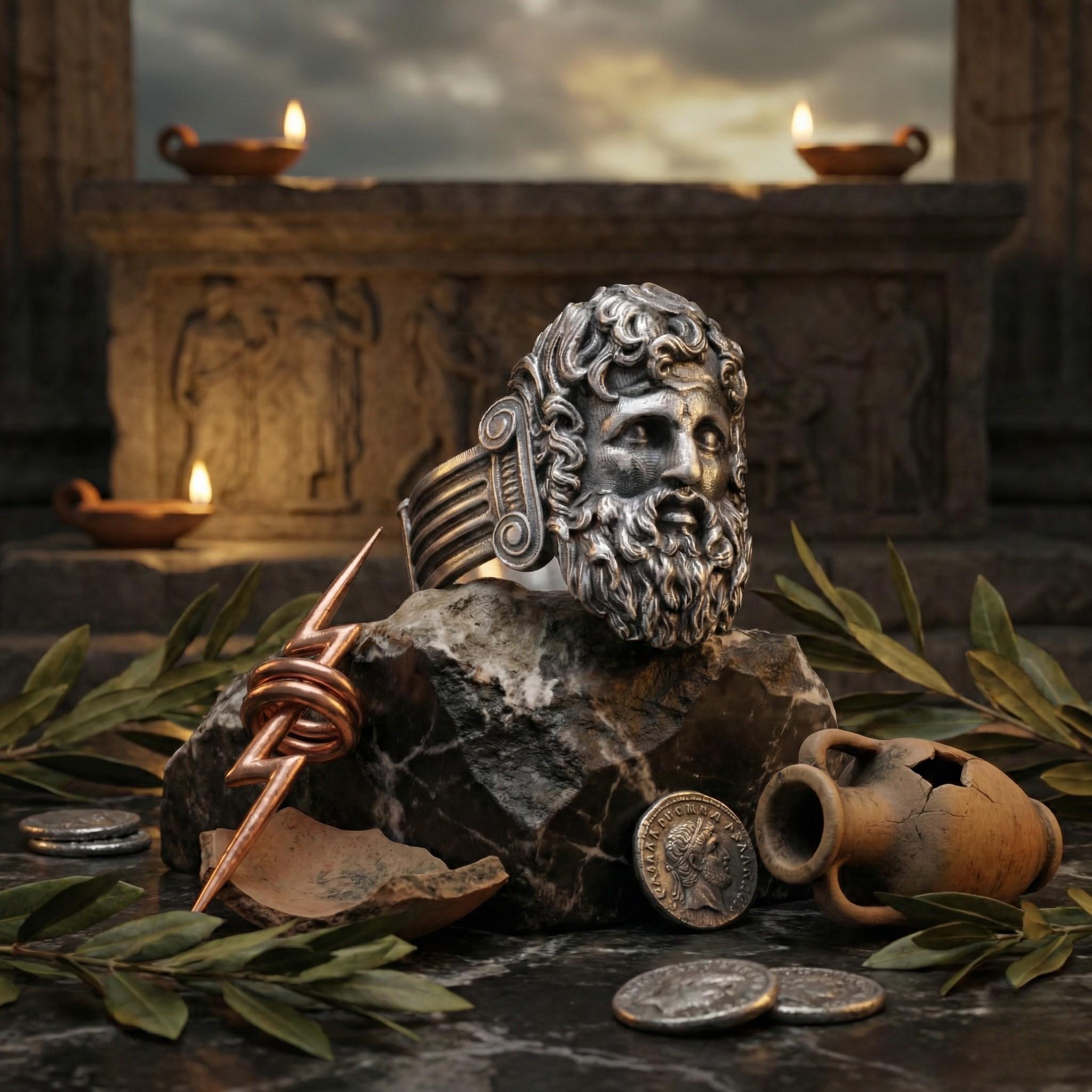 a collection of ancient artifacts and coins, including a large metal ring with a beard, a broken clay pot, and a coin, all set against a backdrop of a stone structure with candles.