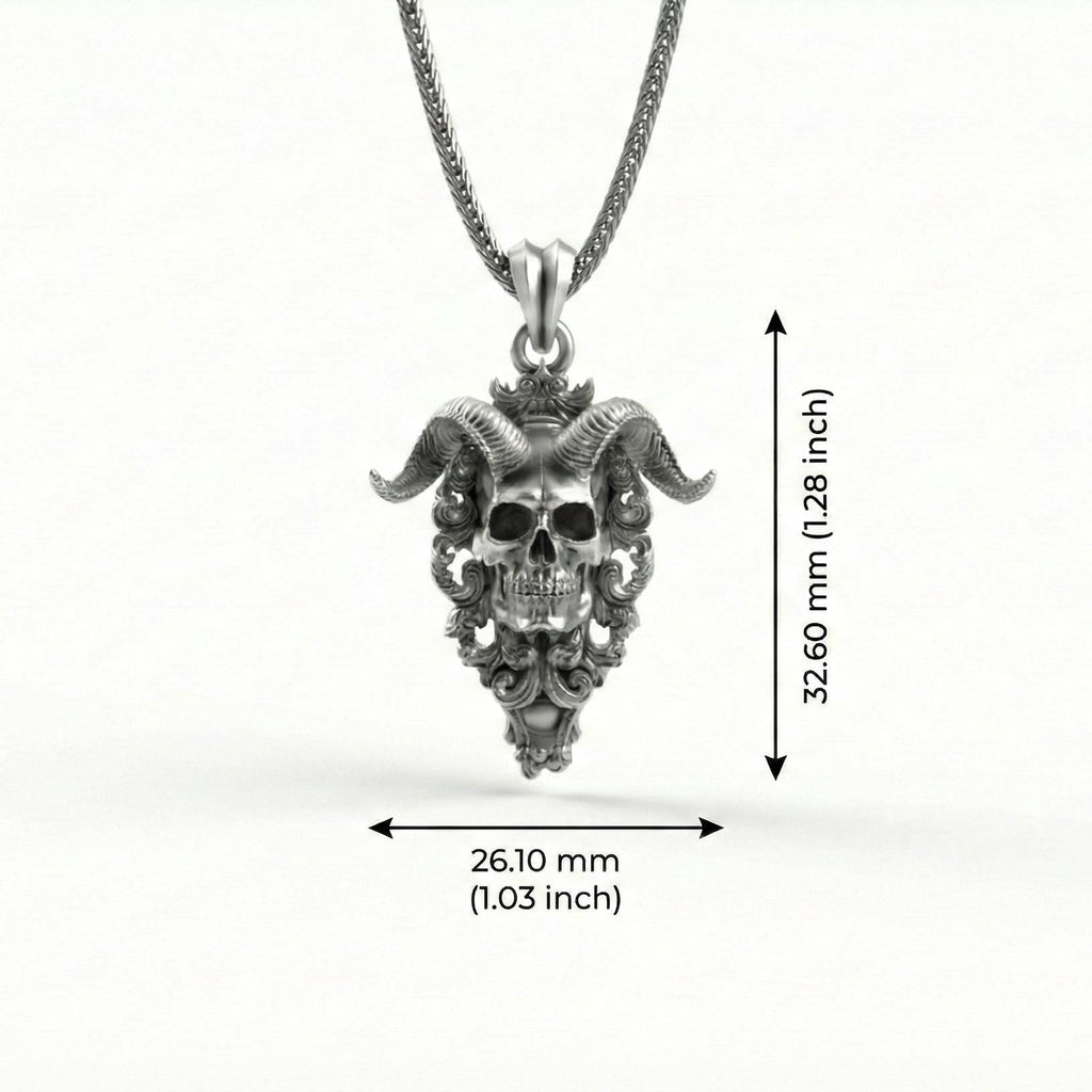 Boynuzlu Şeytan Kafatası Gümüş Kolye