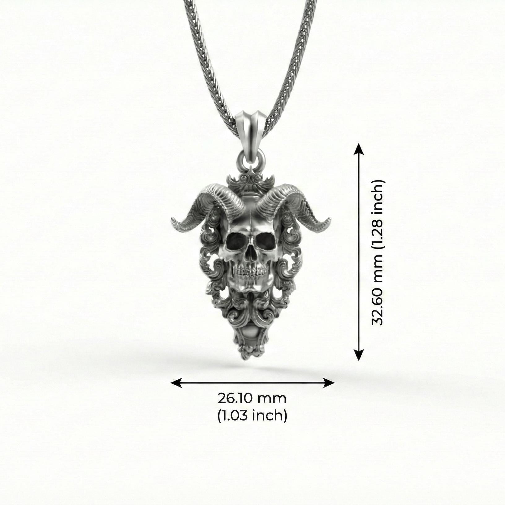 Boynuzlu Şeytan Kafatası Gümüş Kolye