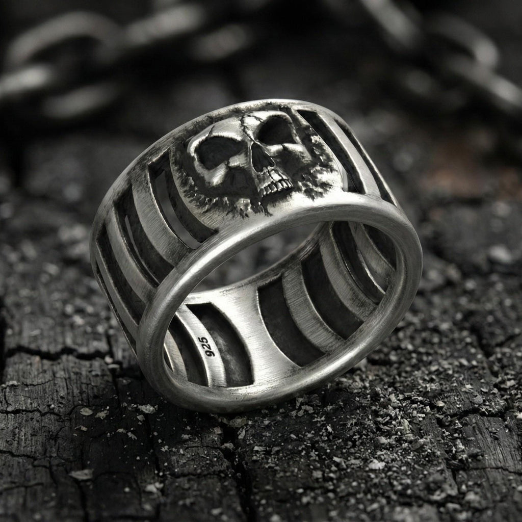 925 Ayar Gümüş Kafatası Yüzüğü – Erkekler için Oksitlenmiş Gotik Kafes Tarzı Yüzük