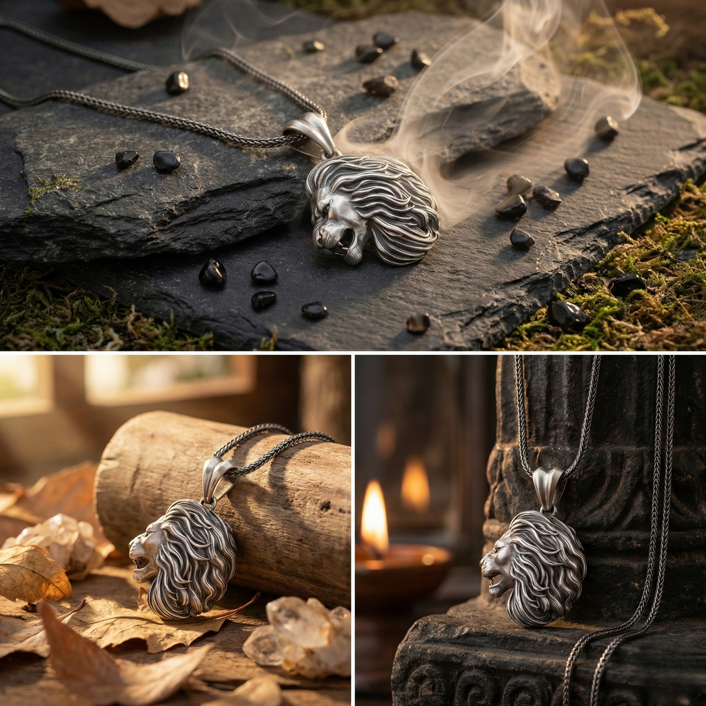 Aslan Kolye: Gotik Oksitli Gümüş - Erkekler İçin El Yapımı