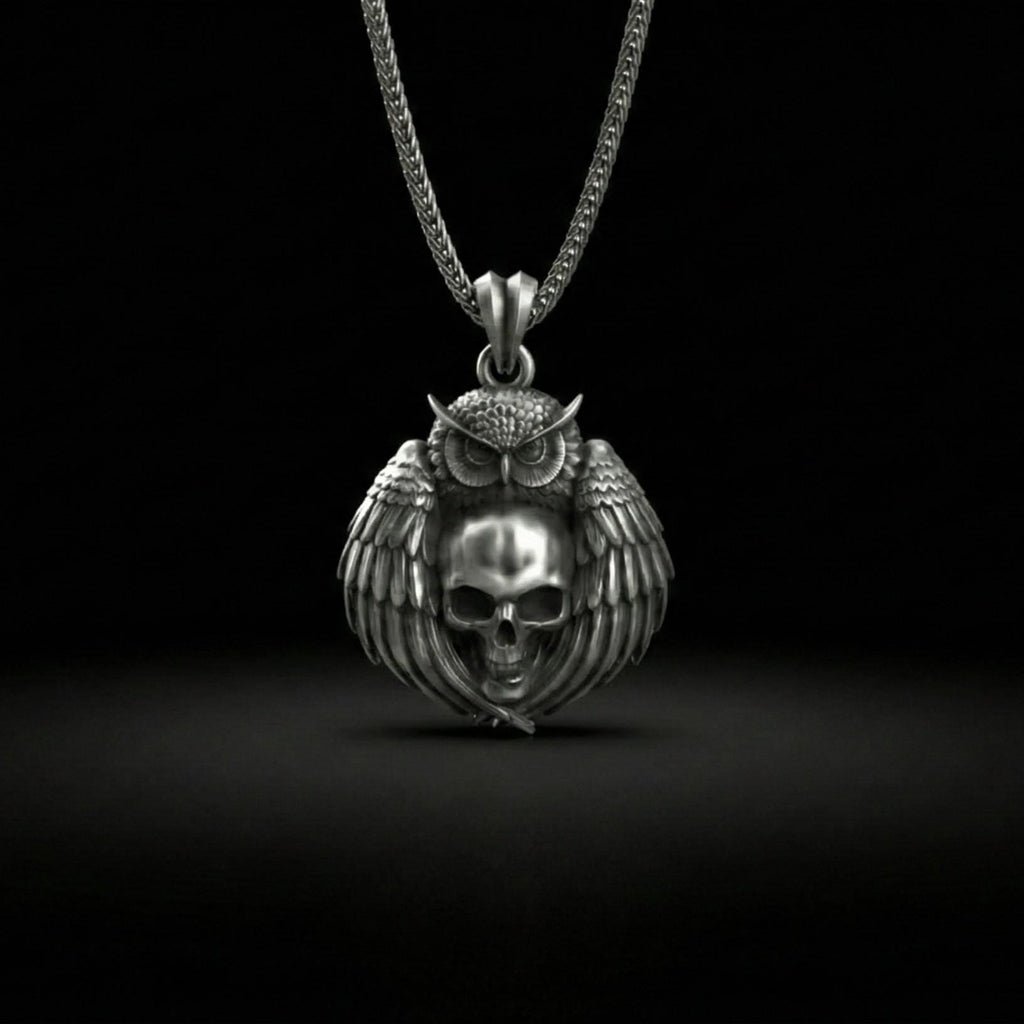 Baykuş Kafatası Kolye Ucu, Oksitlenmiş Gümüş, Gotik Bilgelik Temalı Takı
