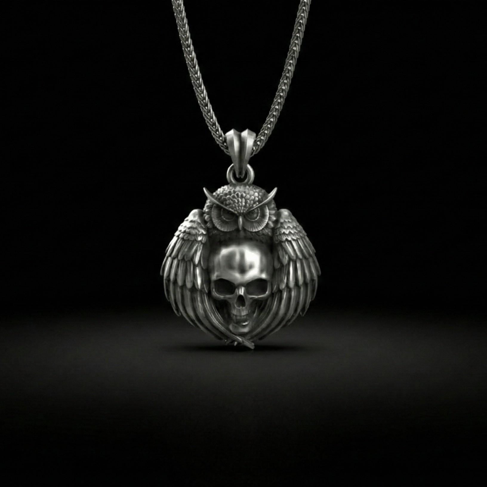 Baykuş Kafatası Kolye Ucu, Oksitlenmiş Gümüş, Gotik Bilgelik Temalı Takı