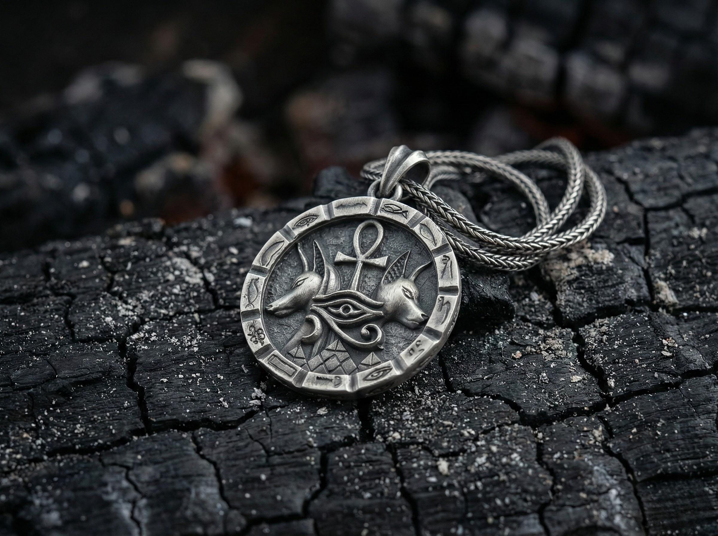 Antik Gümüş Anubis Ankh Horus'un Gözü Kolye Mısır Titolojisi Takı