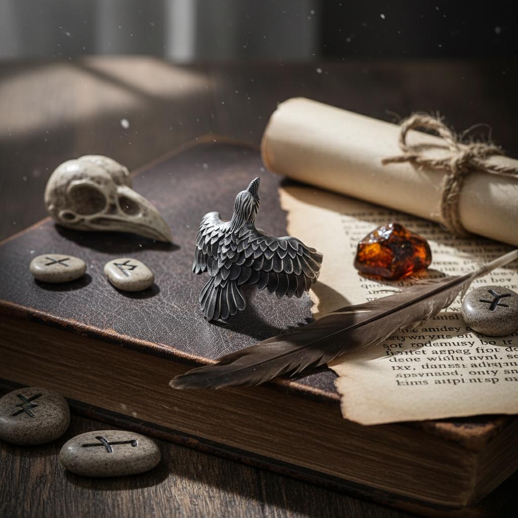 a collection of objects, including a bird figurine, a skull, a scroll, and a feather, arranged on a wooden surface.