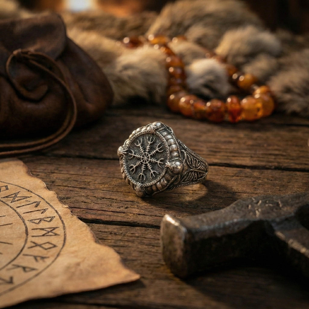 a silver ring with a design, a piece of paper with symbols, a necklace, a leather bag, and a hammer on a wooden surface.