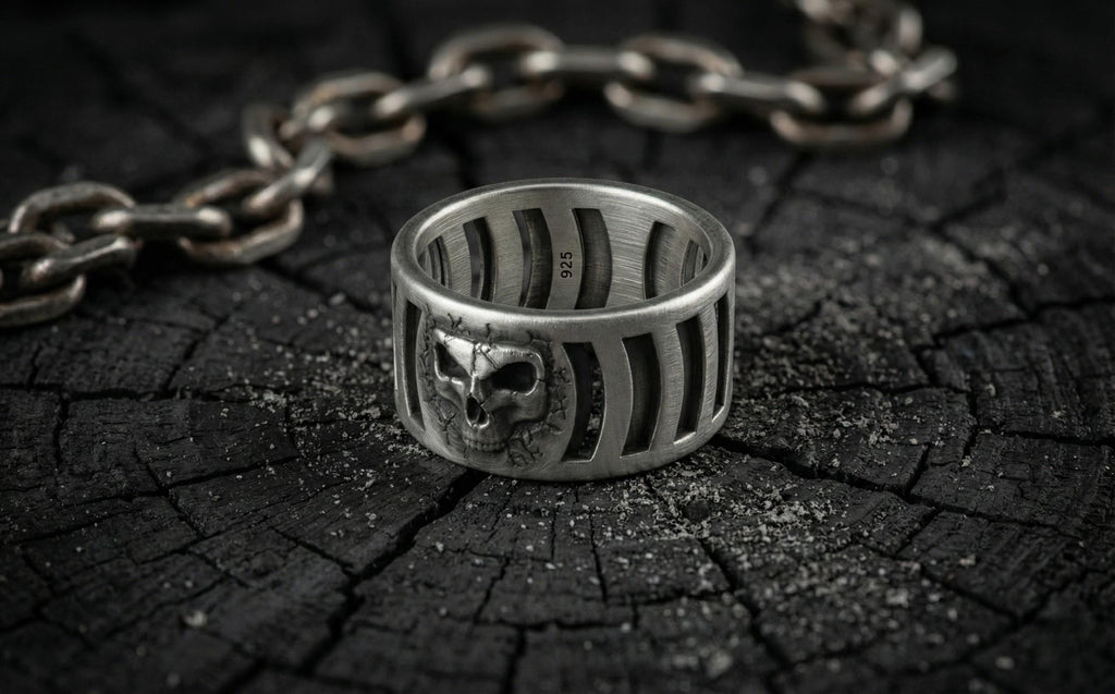 925 Ayar Gümüş Kafatası Yüzüğü – Erkekler için Oksitlenmiş Gotik Kafes Tarzı Yüzük