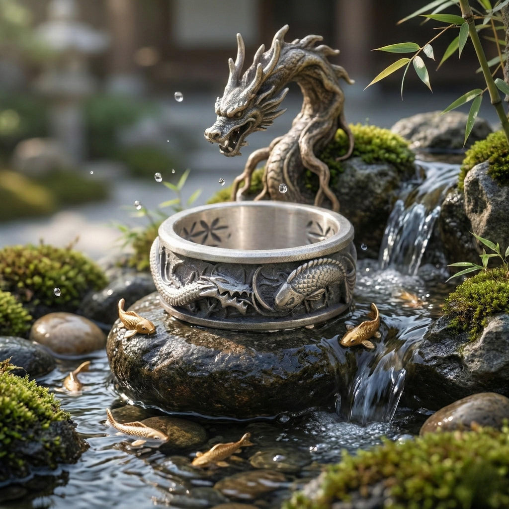 A decorative metal dragon sculpture is perched on a rock, surrounded by a small waterfall and a pond with goldfish swimming in it.