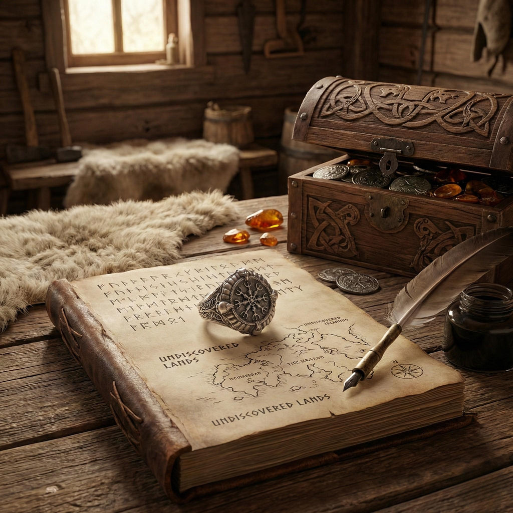 an old, leather-bound book with a map of the world, a silver ring, a feather quill pen, and a wooden chest filled with coins and other objects, all arranged on a wooden table.