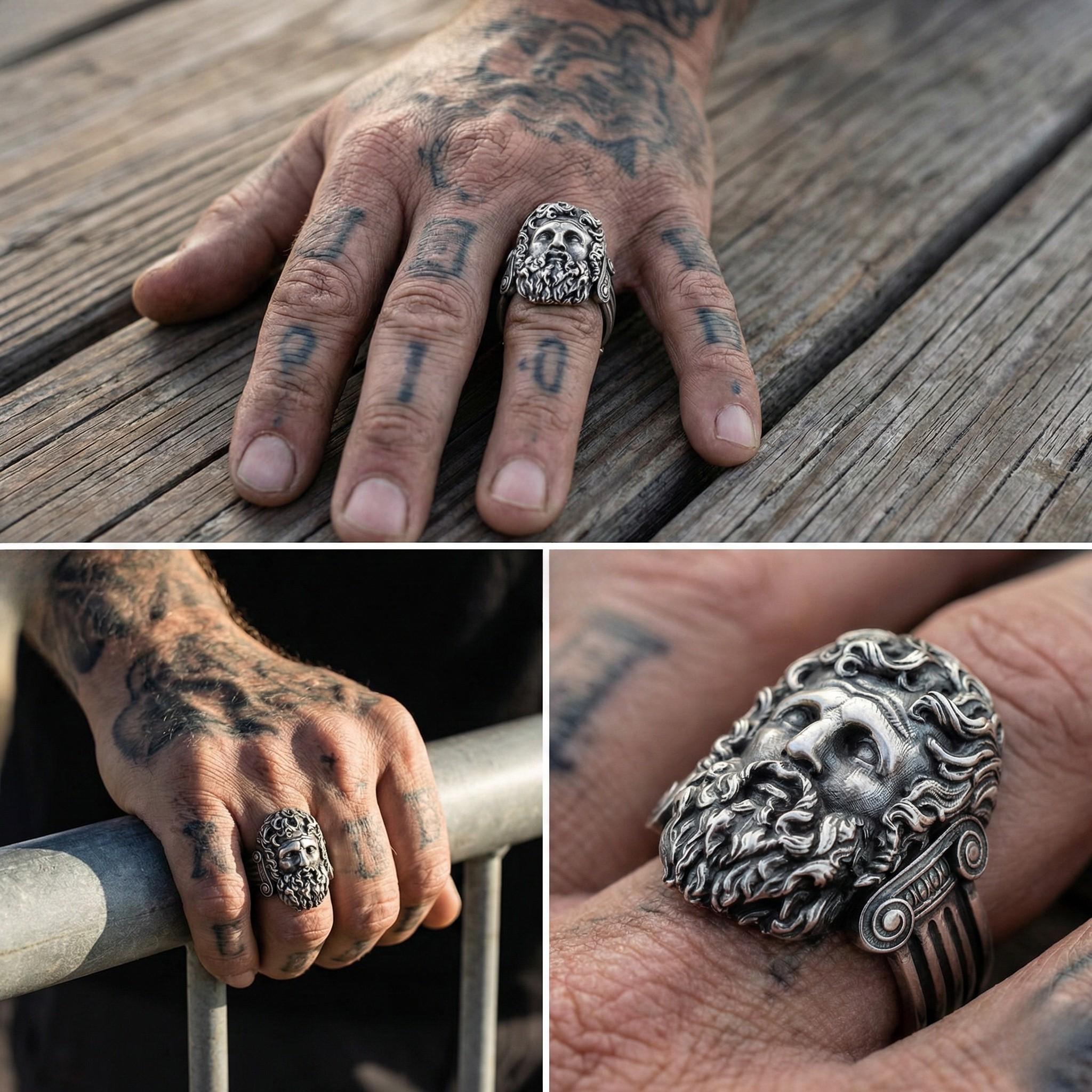 A close-up of a person's hand wearing a large, ornate ring with a face design.