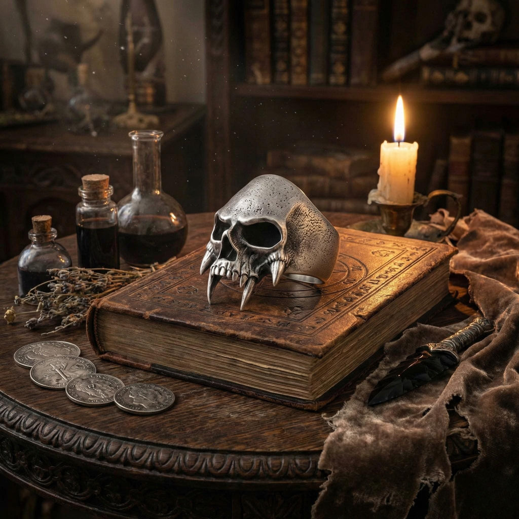 a skull with fangs, a book, and various objects such as a candle, coins, and a bottle, all arranged on a wooden surface.
