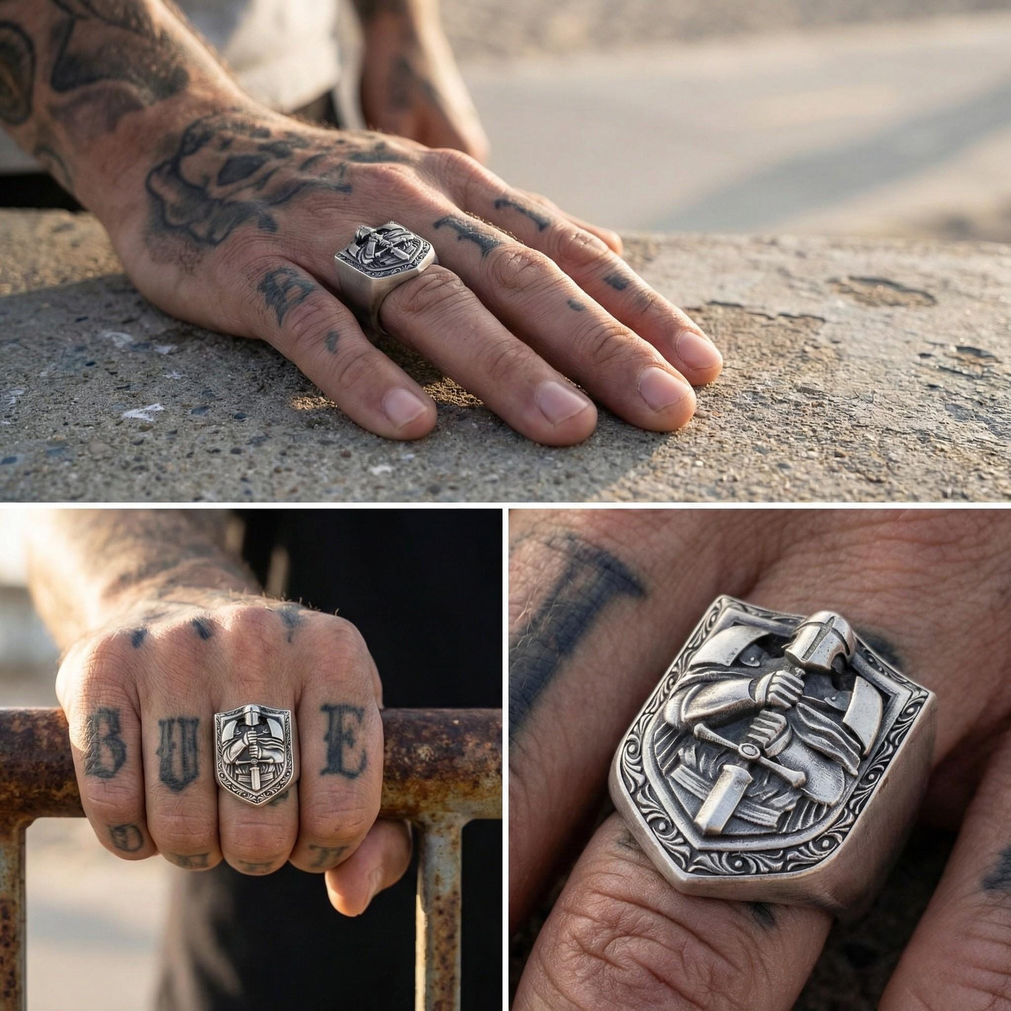 The image is a collage of three photos showing a person's hand wearing a silver ring with a design, a tattoo on the hand, and a close-up of the ring on the finger.